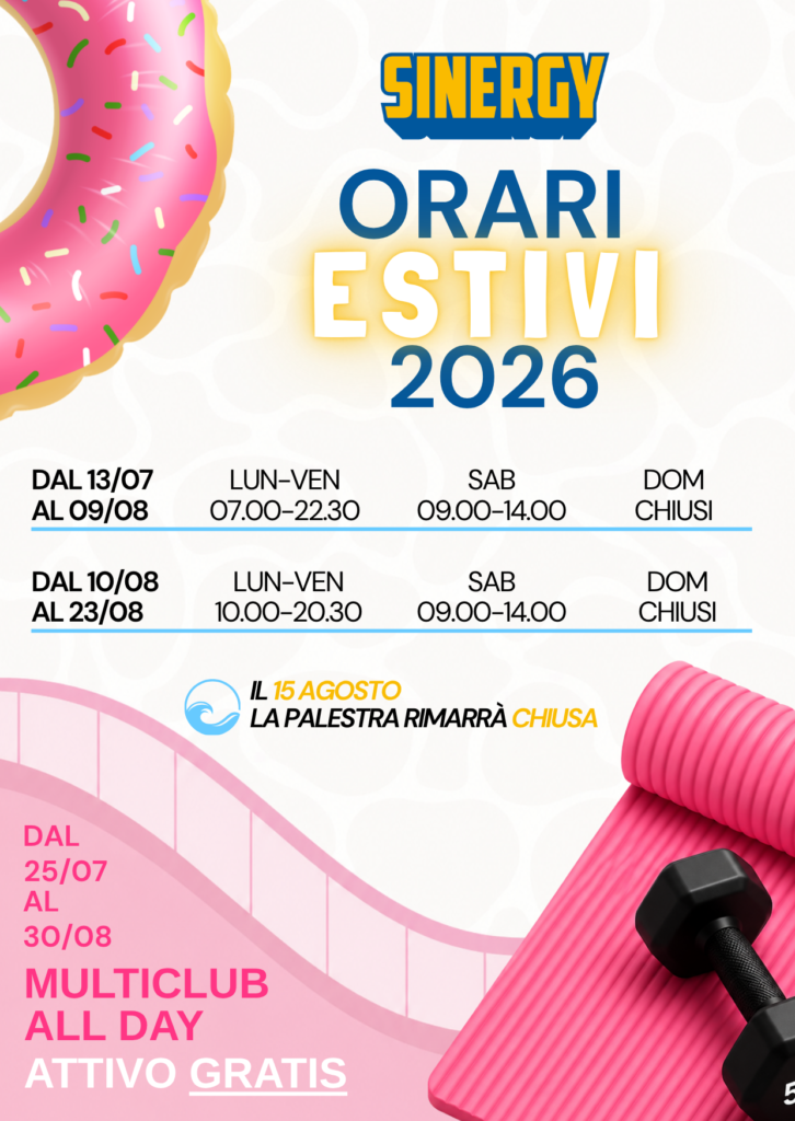 Orari estivi 2026 della Palestra Sinergy Bologna Centro, chiusa il 15 agosto
